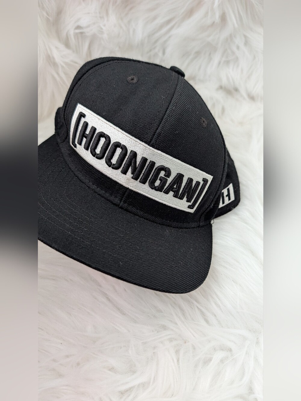 Hoonigan Black Snapback Hat with White Logo Patch Snapback.